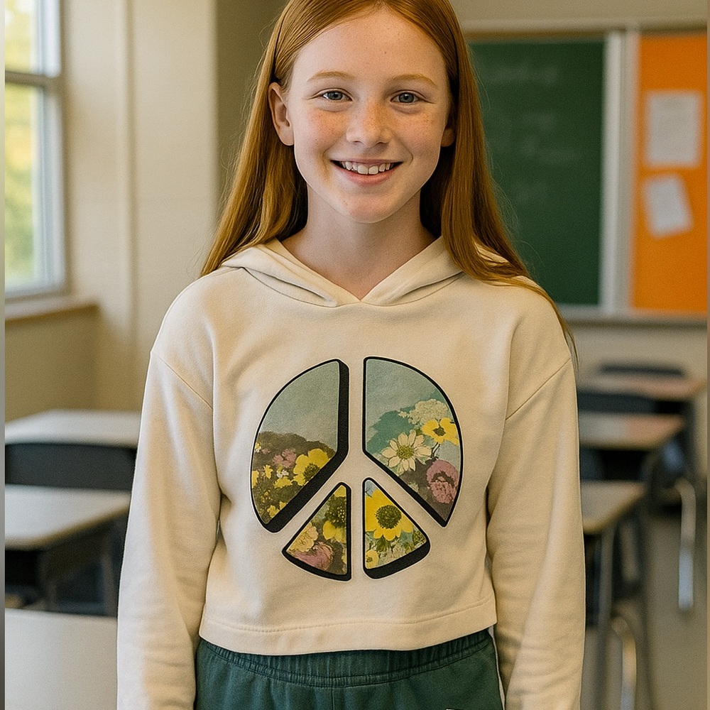 Old Navy Cropped cream hoodie with peace sign detail. Girls size 10-12 L